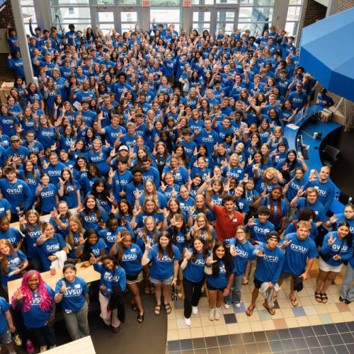 New Thompson and Charter Scholars are pictured in the Kirkhof Center following an August welcome meeting.
